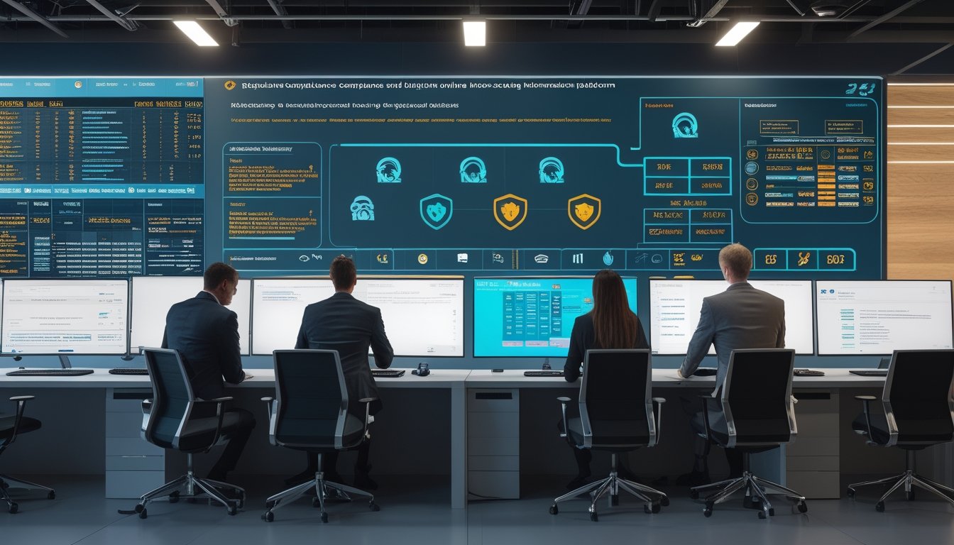 Tim kepatuhan dan keamanan siber memantau akses aman ke platform informasi pacuan kuda di kantor modern.