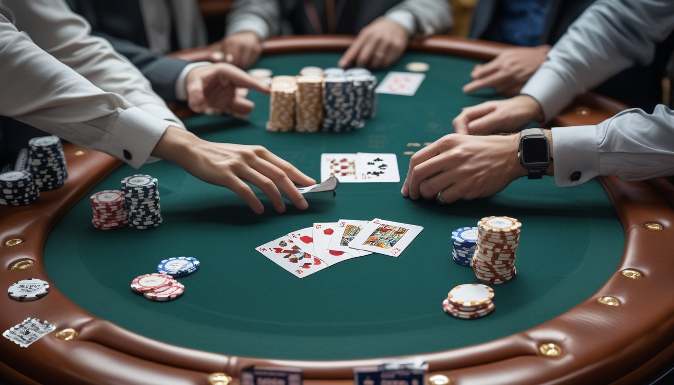 Dealer menyusun kartu Pai Gow Poker dan keping taruhan di atas meja kasino.