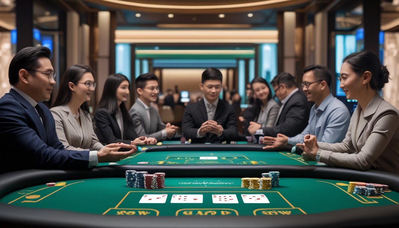 Pemula belajar menyusun dua tangan kartu Pai Gow Poker di meja kasino bersama dealer.