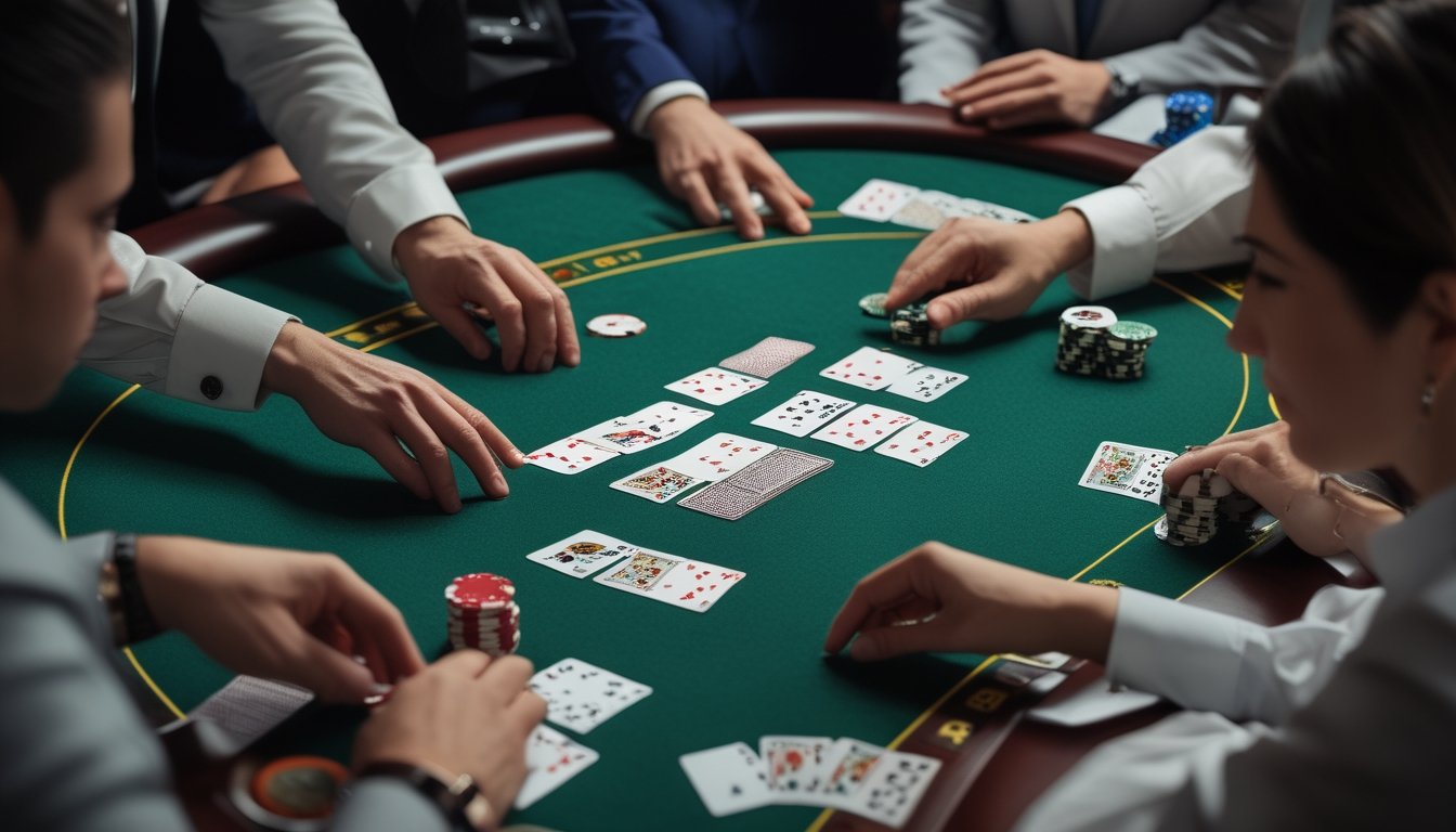 Pemain dewasa dan bandar sedang fokus bermain Pai Gow Poker di meja kasino dengan kartu dan tumpukan chip yang tertata rapi.