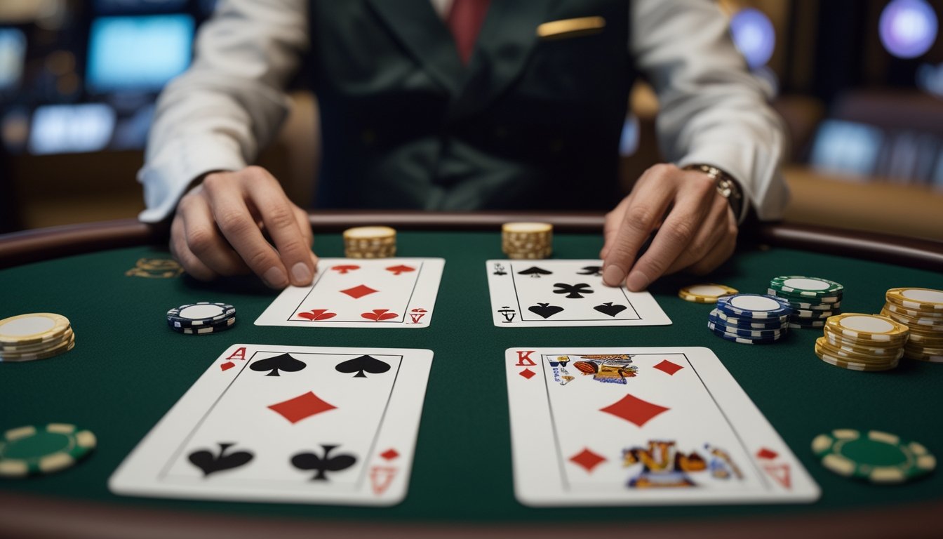 Tangan dealer menyusun dua kelompok kartu Pai Gow Poker di atas meja kasino dengan chip di sekitarnya.