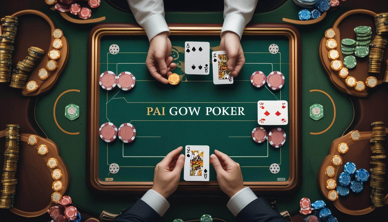 Tangan dealer menyusun tujuh kartu Pai Gow Poker menjadi dua kombinasi di atas meja kasino dengan keping taruhan.