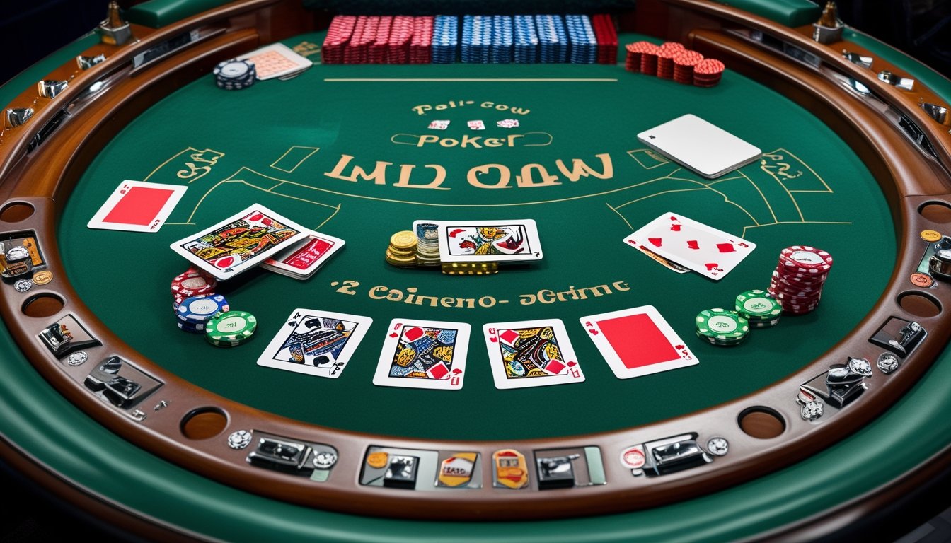 Meja Pai Gow Poker dengan susunan kartu, keping taruhan, dan area permainan yang tertata.