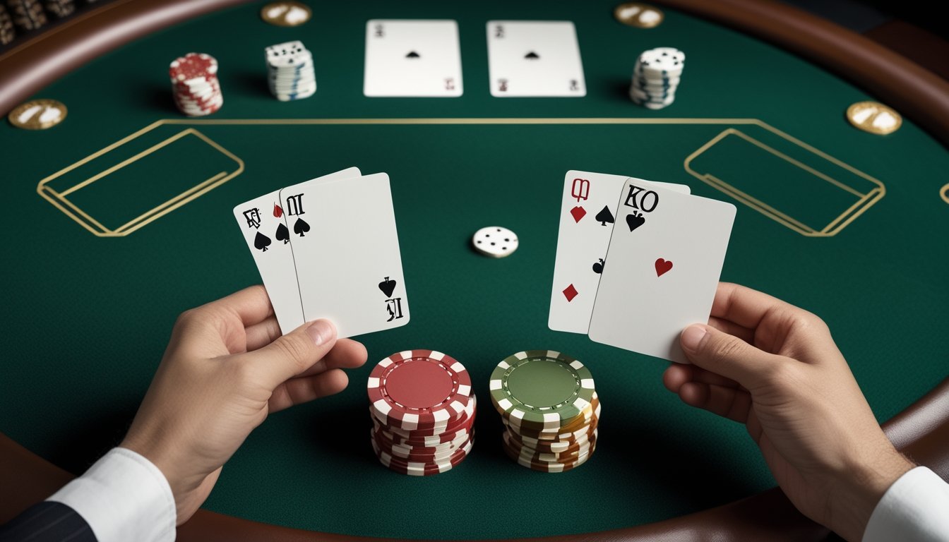 Dua susunan kartu Pai Gow Poker tertata di atas meja kasino hijau dengan keping taruhan dan dadu.