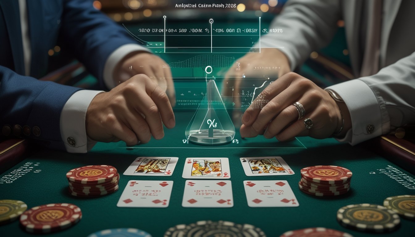 Meja Pai Gow Poker dengan kartu, keping kasino, dan visualisasi analisis probabilitas.