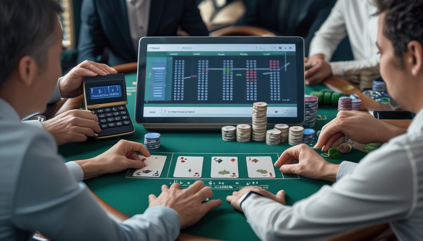 Dealer dan pemain dewasa mengamati kartu serta tumpukan chip di meja Pai Gow Poker.