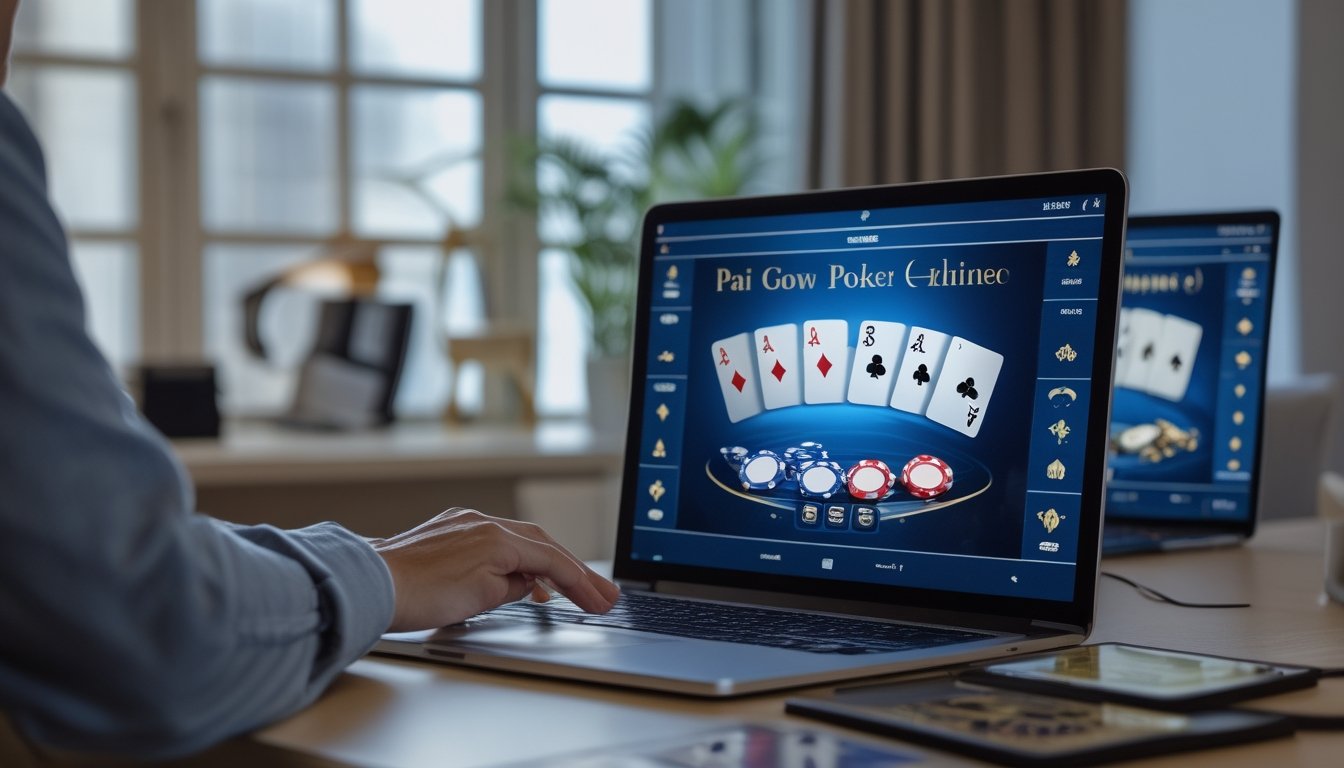 Seorang pemain menikmati permainan Pai Gow Poker online di laptop dengan kartu dan chip poker di meja.