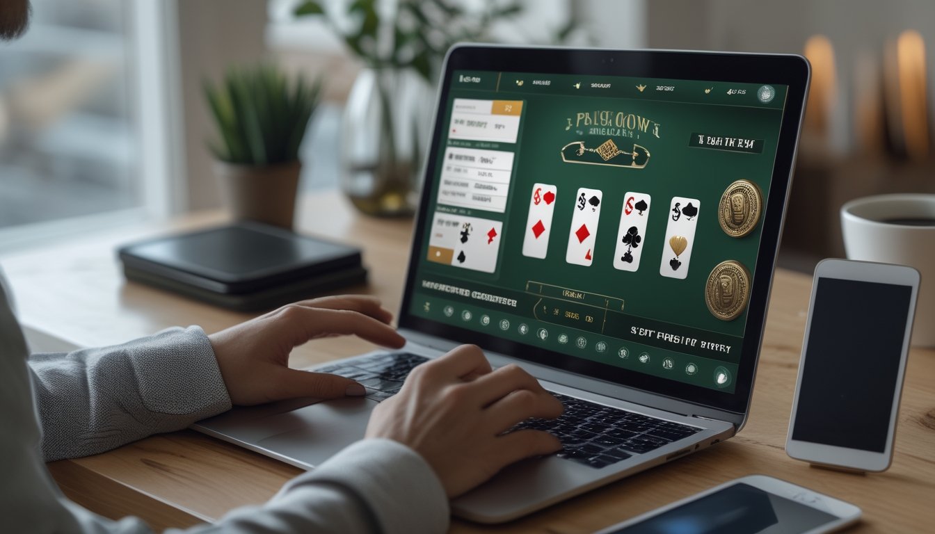 Pemain dewasa menggunakan laptop untuk bermain Pai Gow Poker online di rumah dengan perangkat digital dan kartu virtual.