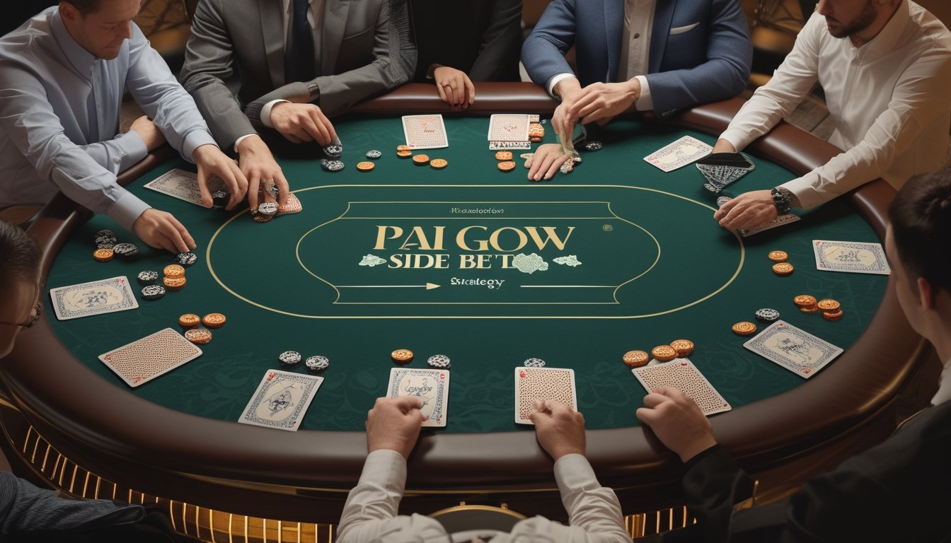 Dealer dan pemain dewasa menyusun kartu serta chip pada meja Pai Gow Poker di kasino modern.