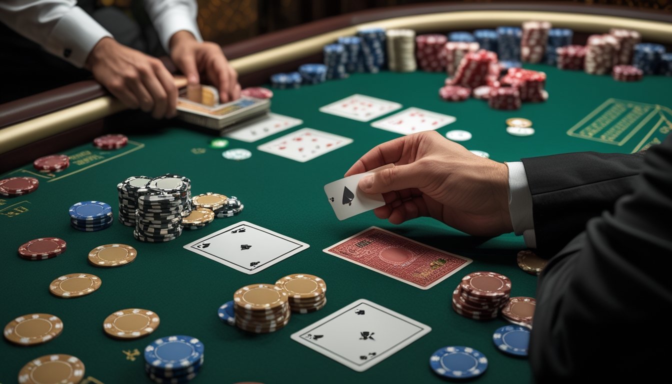 Pemain dan dealer menata kartu serta keping taruhan di meja Pai Gow Poker.