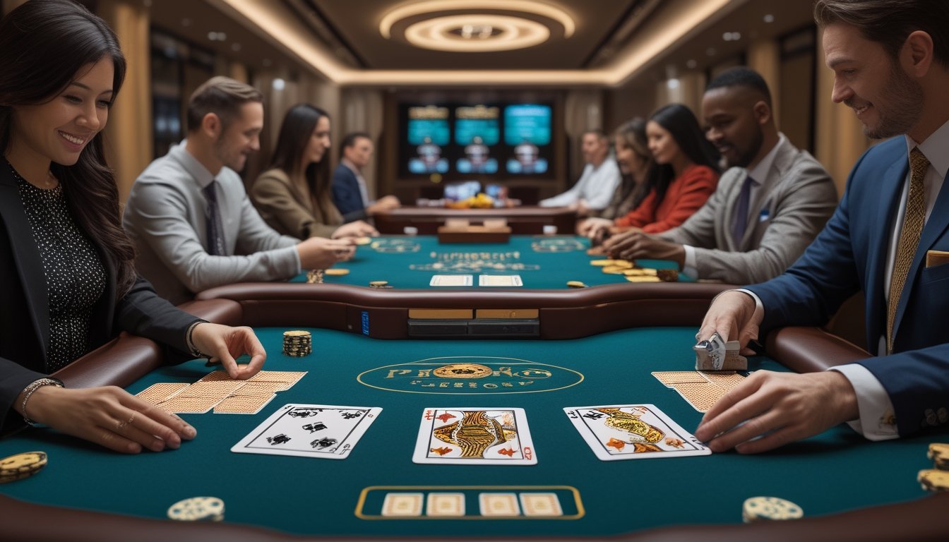 Meja kasino dengan susunan kartu Pai Gow Poker di depan dan permainan kartu kasino lain di latar belakang.