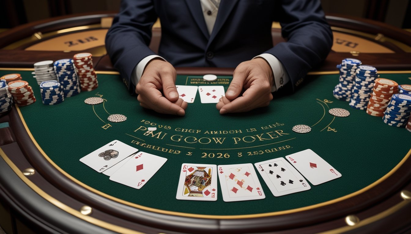 Dealer menyusun kartu Pai Gow Poker menjadi dua tangan di atas meja kasino dengan chip dan kartu permainan lainnya.
