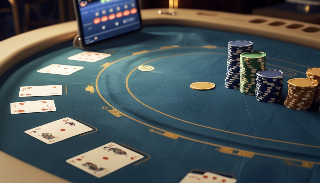 Meja Pai Gow Poker dengan kartu dan tumpukan chip di dalam suasana kasino yang elegan.