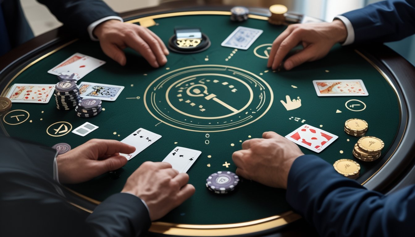 Meja Pai Gow Poker dengan kartu, chip, dan perangkat digital yang menampilkan simbol keamanan.