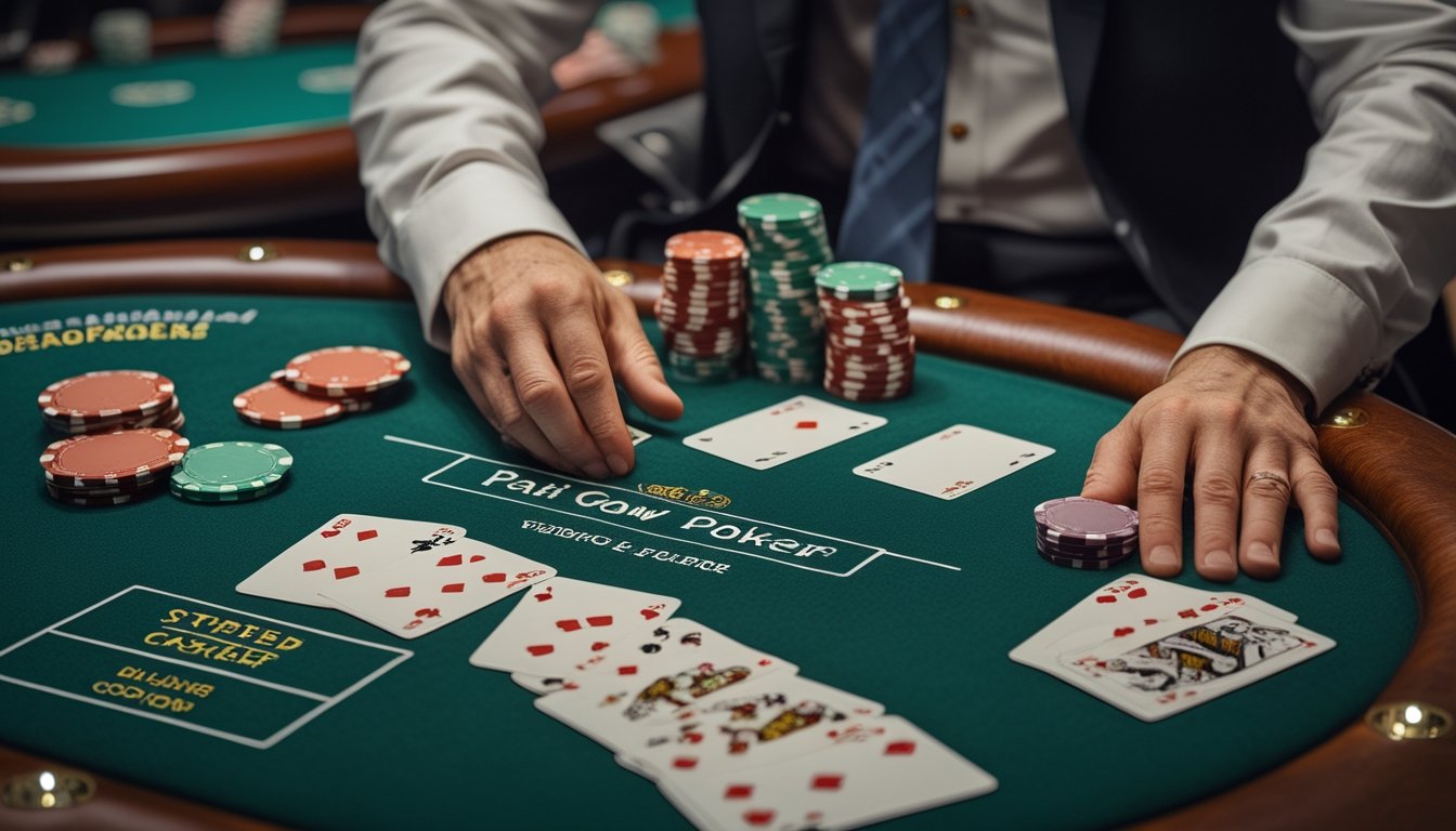 Pemain sedang menyusun kartu Pai Gow Poker dengan cermat di meja kasino.