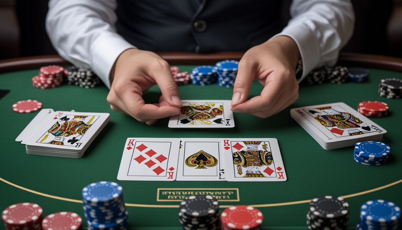 Tangan dealer menyusun tujuh kartu menjadi satu tangan lima kartu dan satu tangan dua kartu di atas meja poker.