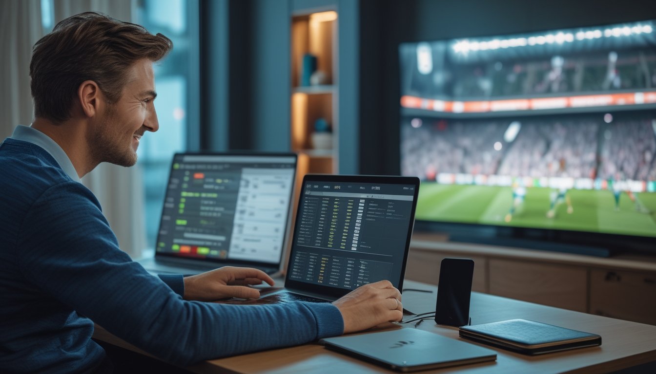 Penggemar sepak bola memeriksa pilihan pertandingan di laptop dan ponsel sambil menonton laga di televisi.