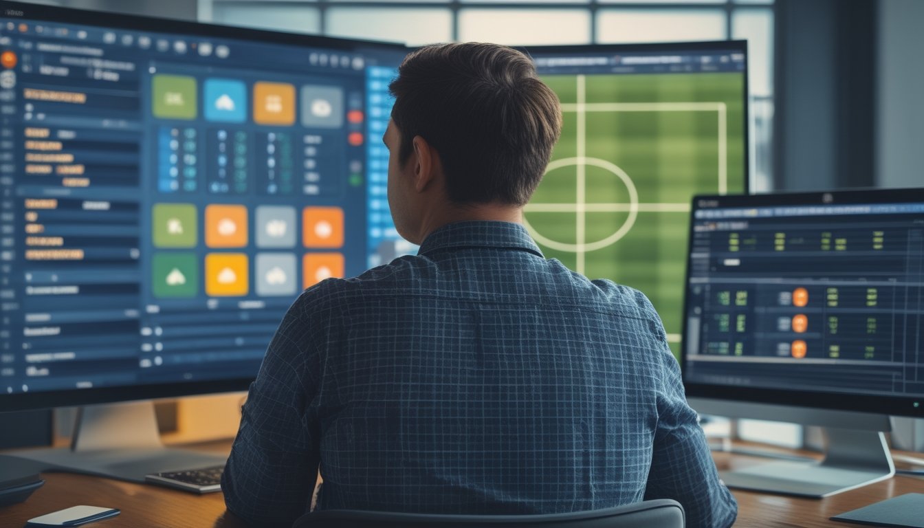 Seorang penggemar sepak bola menganalisis beberapa statistik pertandingan di depan laptop dan monitor.