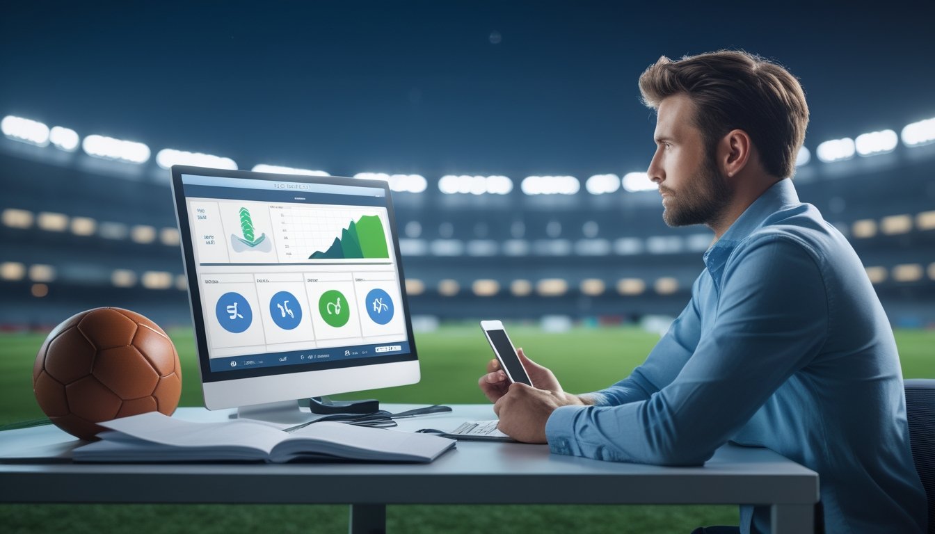 Seorang analis meninjau data pertandingan sepak bola di meja kerja dengan latar stadion yang terang.