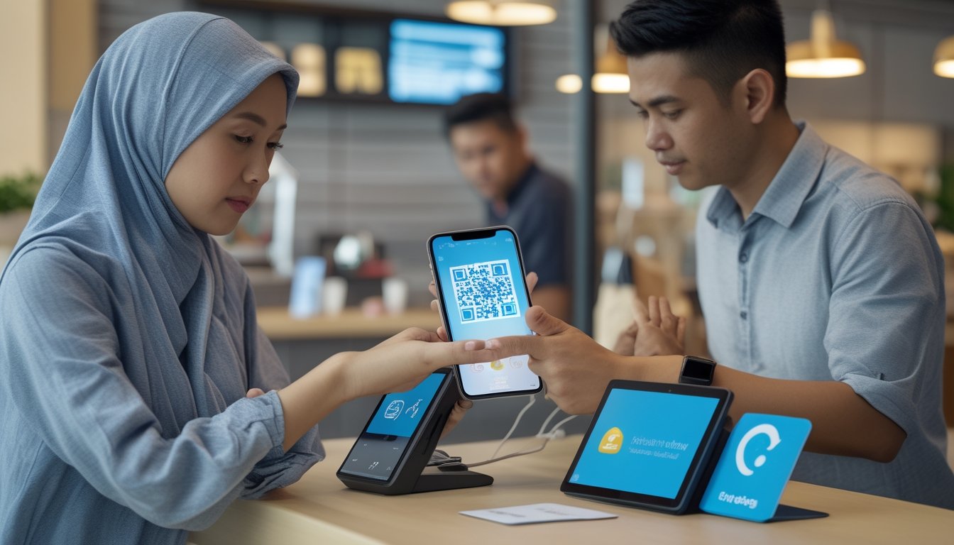 Dua orang melakukan pembayaran digital menggunakan ponsel dan kode QR di sebuah tempat usaha modern.