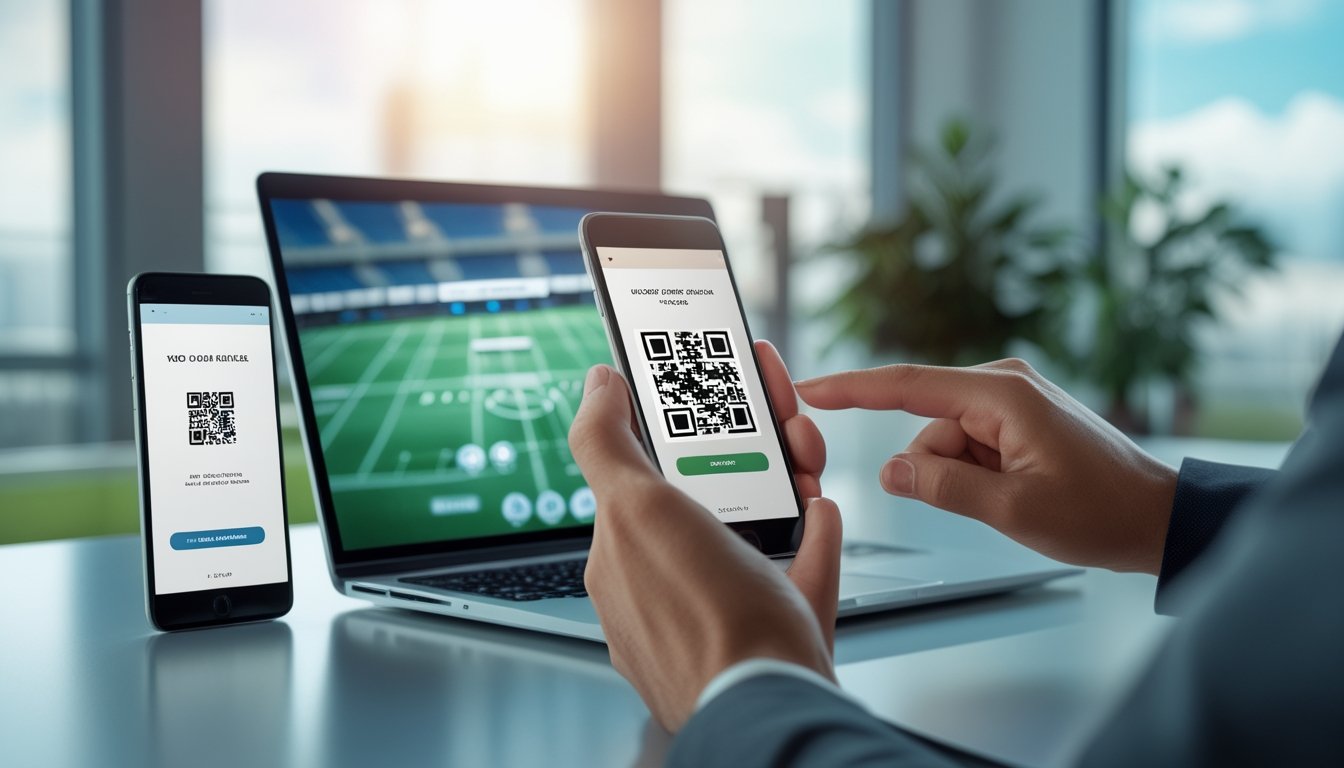 Orang dewasa menggunakan ponsel untuk memindai kode QR pada laptop dalam transaksi pembayaran digital.