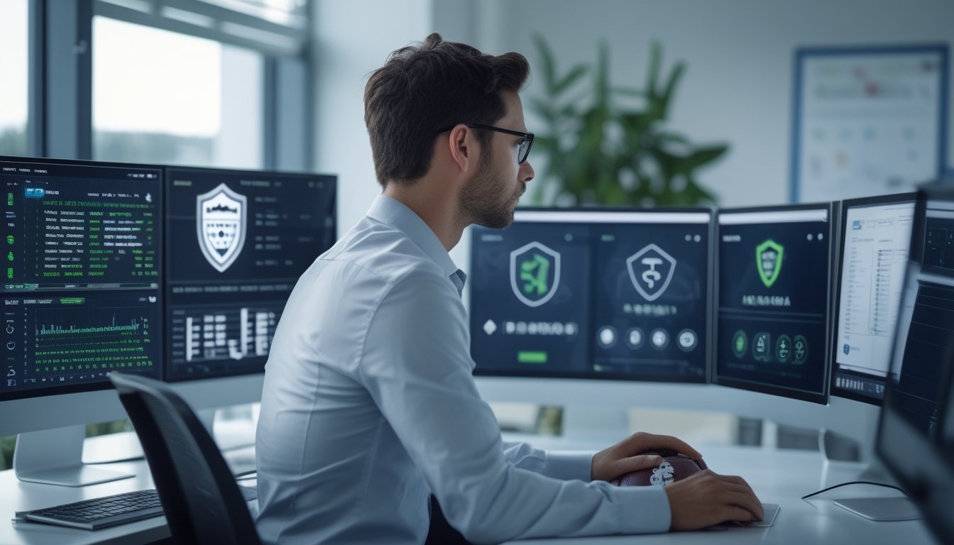 Analis keamanan memeriksa data pertandingan sepak bola dan sistem perlindungan digital di kantor modern.