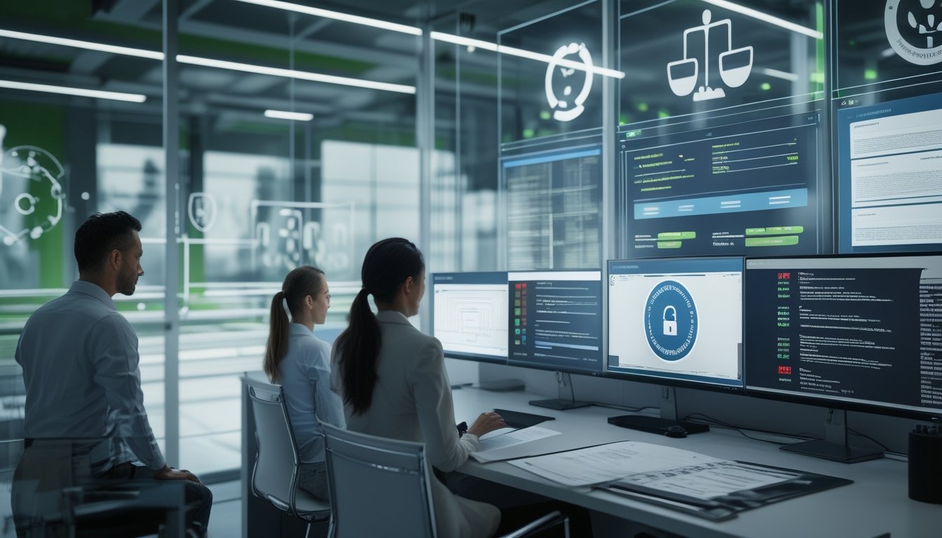 Analis keamanan meninjau sistem digital, dokumen kepatuhan, dan simbol lisensi resmi di kantor modern.