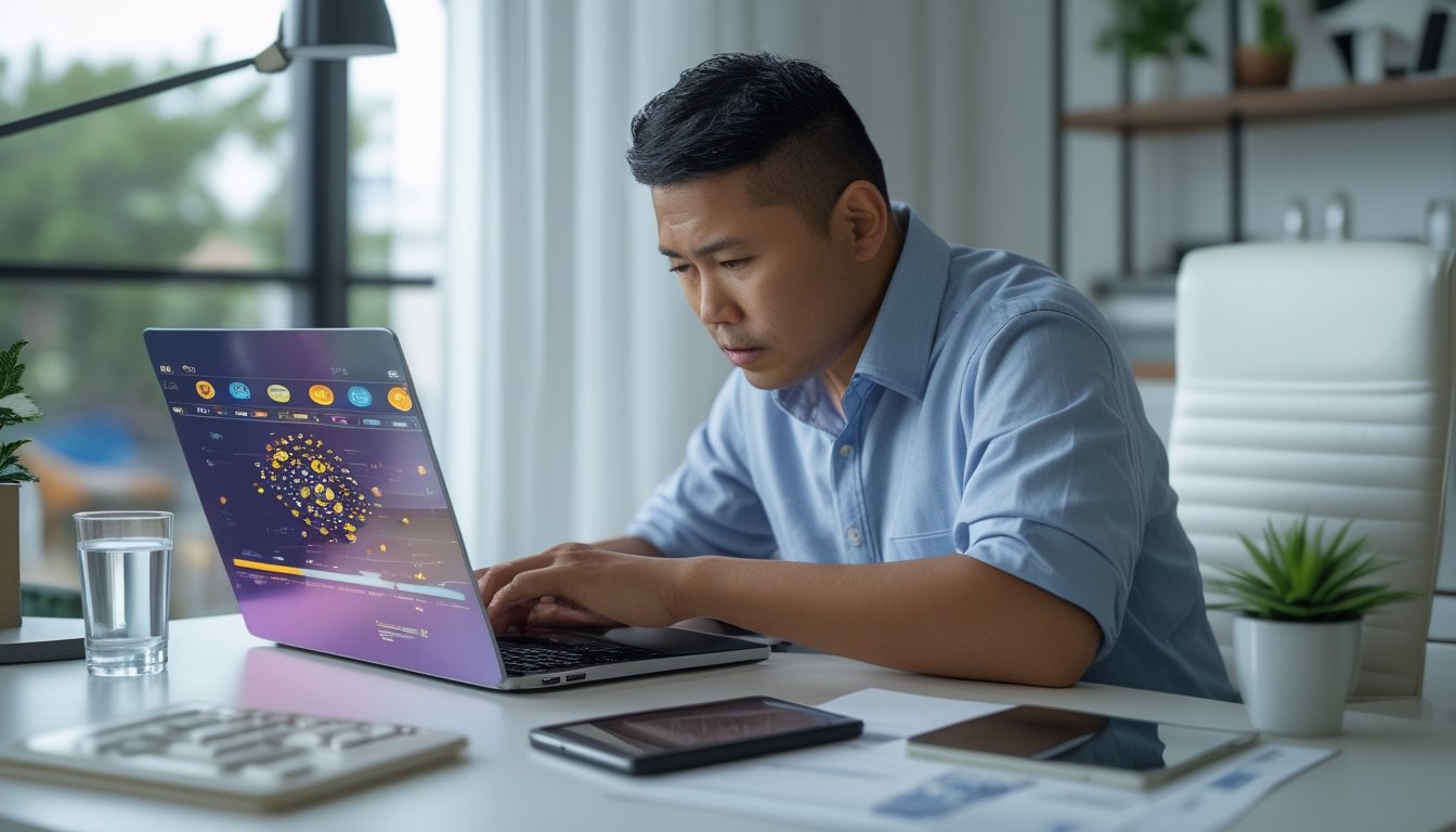Seorang pria menutup laptop sambil memeriksa anggaran keuangan di meja kerja.