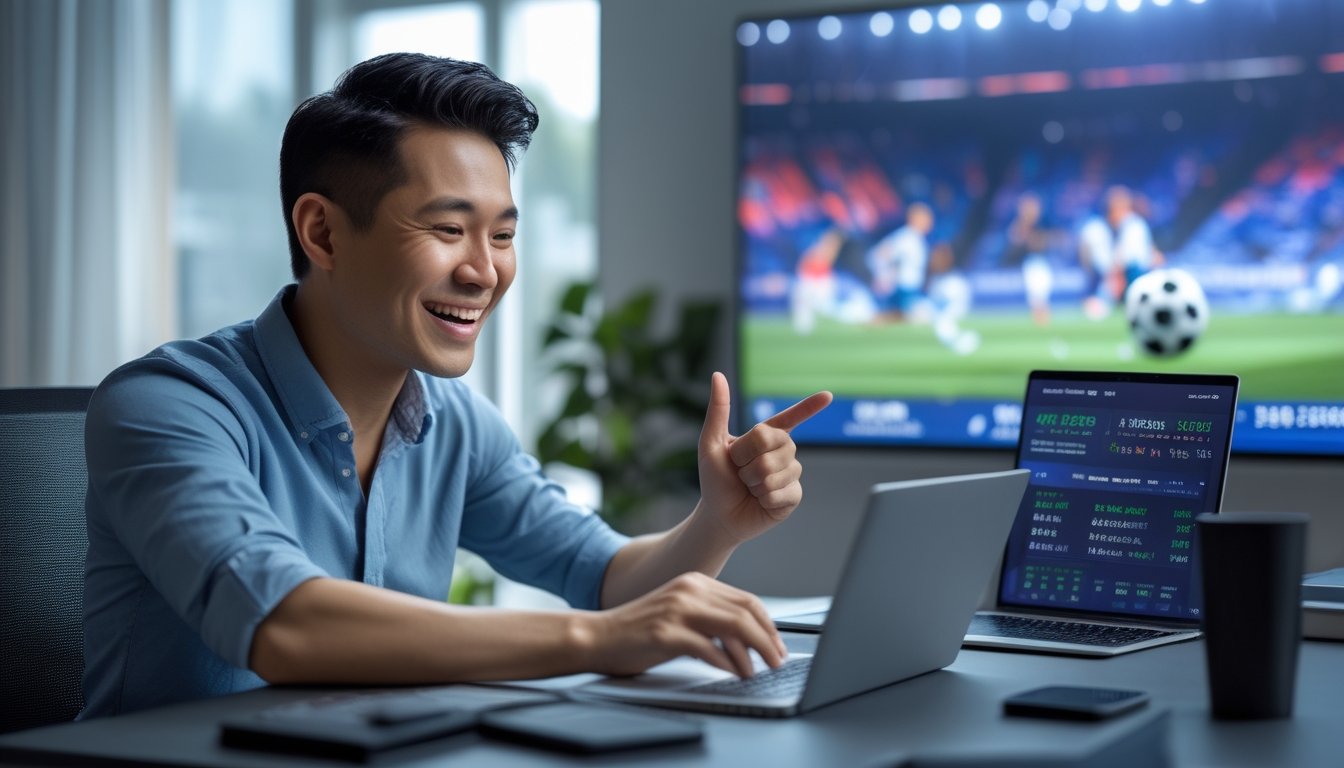Seorang pria tersenyum melihat laptop dengan tampilan analisis pertandingan sepak bola di ruang kerja modern.