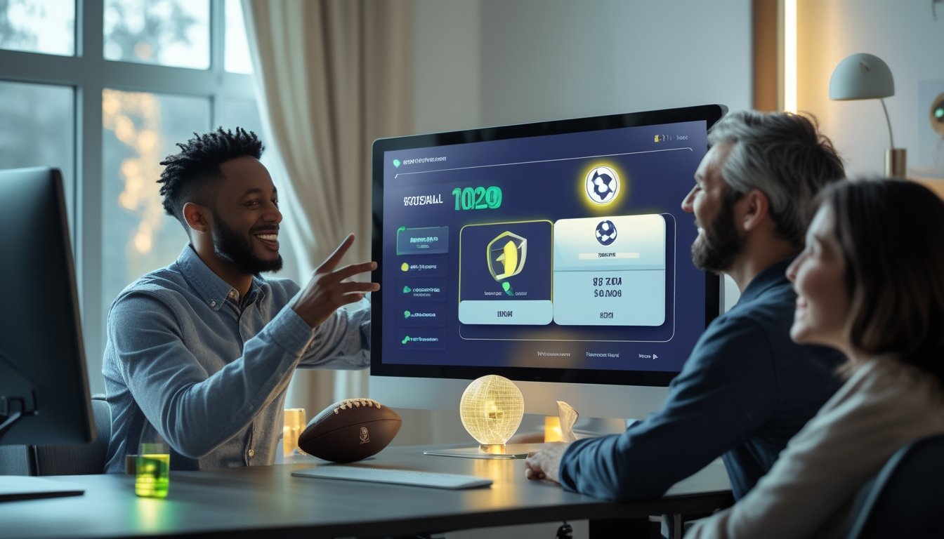 Dua orang dewasa merayakan kemenangan prediksi sepak bola di ruang kerja modern dengan tampilan perangkat seluler.