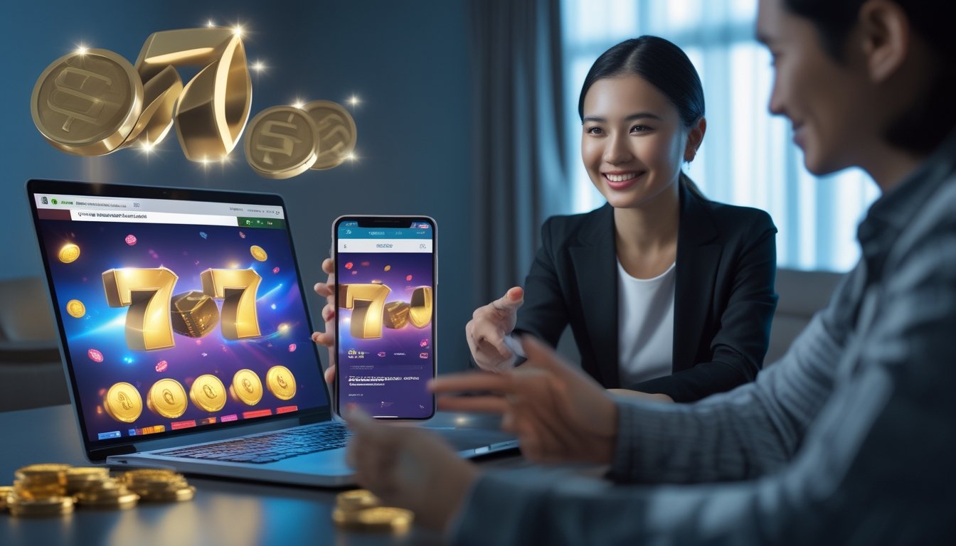 Dua orang melihat perangkat digital dengan suasana perayaan dan elemen visual hadiah di ruang modern.