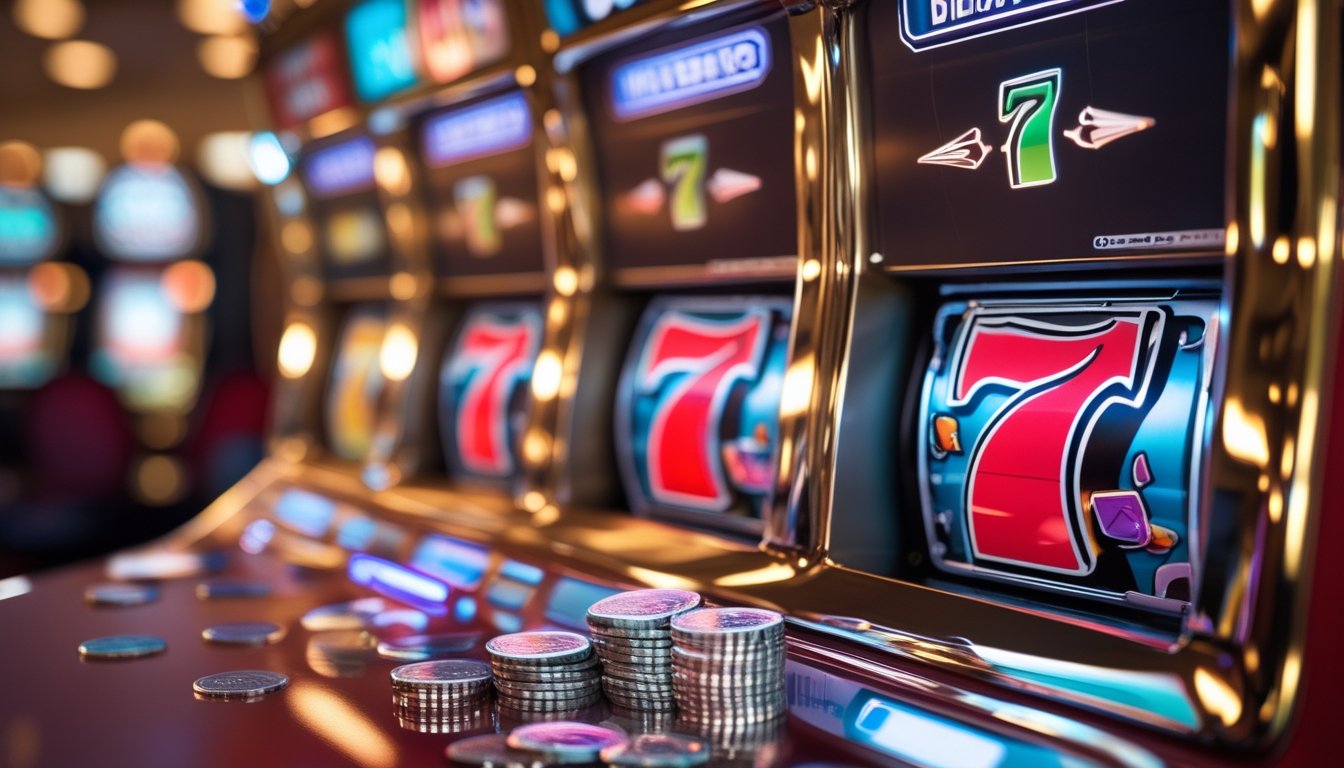 Mesin slot merah dan emas dengan koin serta elemen analisis abstrak di lingkungan kasino modern.