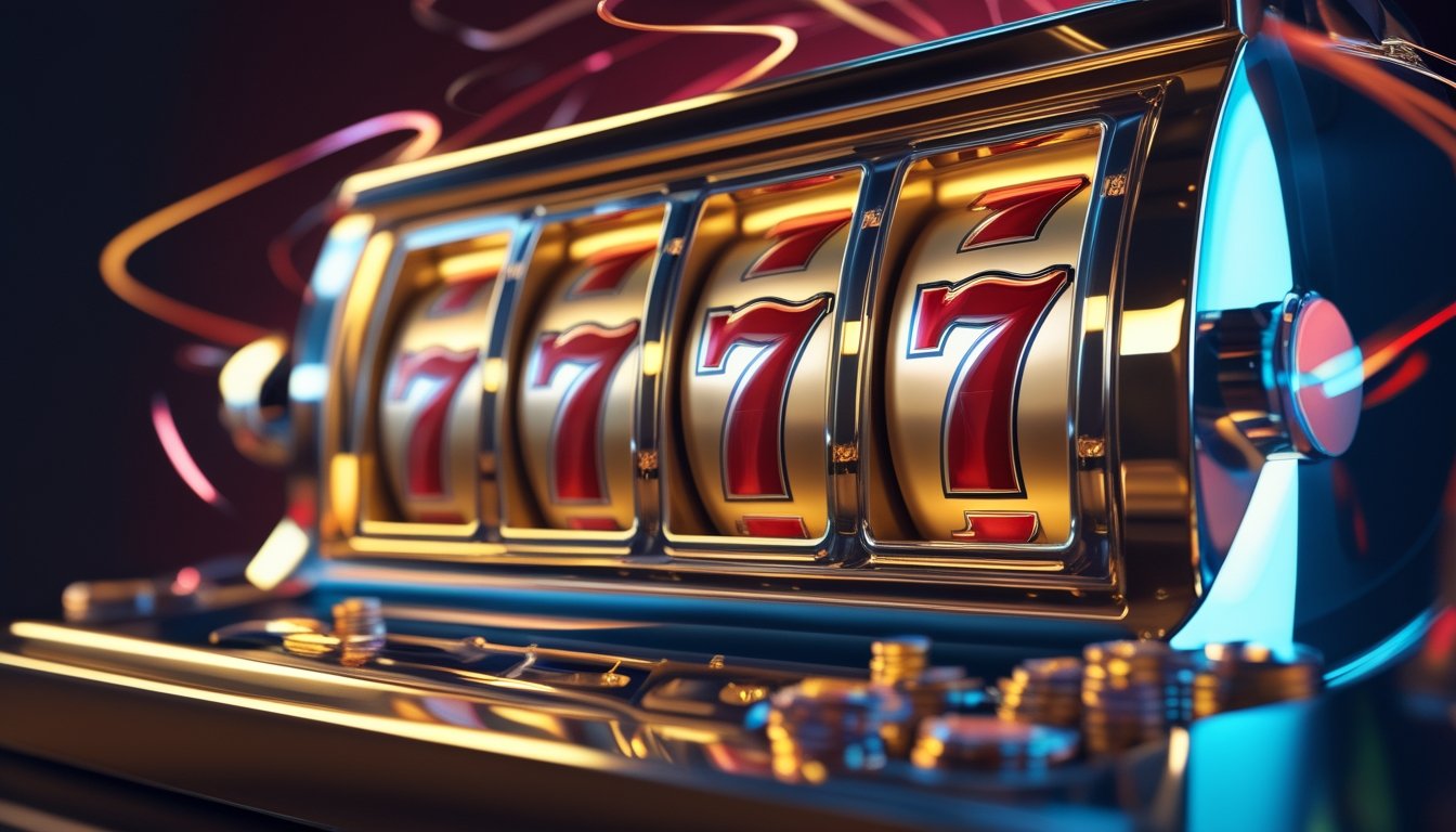 Mesin slot bergaya klasik dengan tiga angka tujuh merah di suasana kasino mewah.