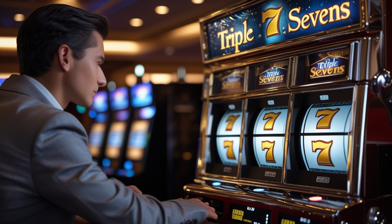 Seseorang mengamati mesin slot dengan simbol tiga angka tujuh dalam suasana kasino modern.
