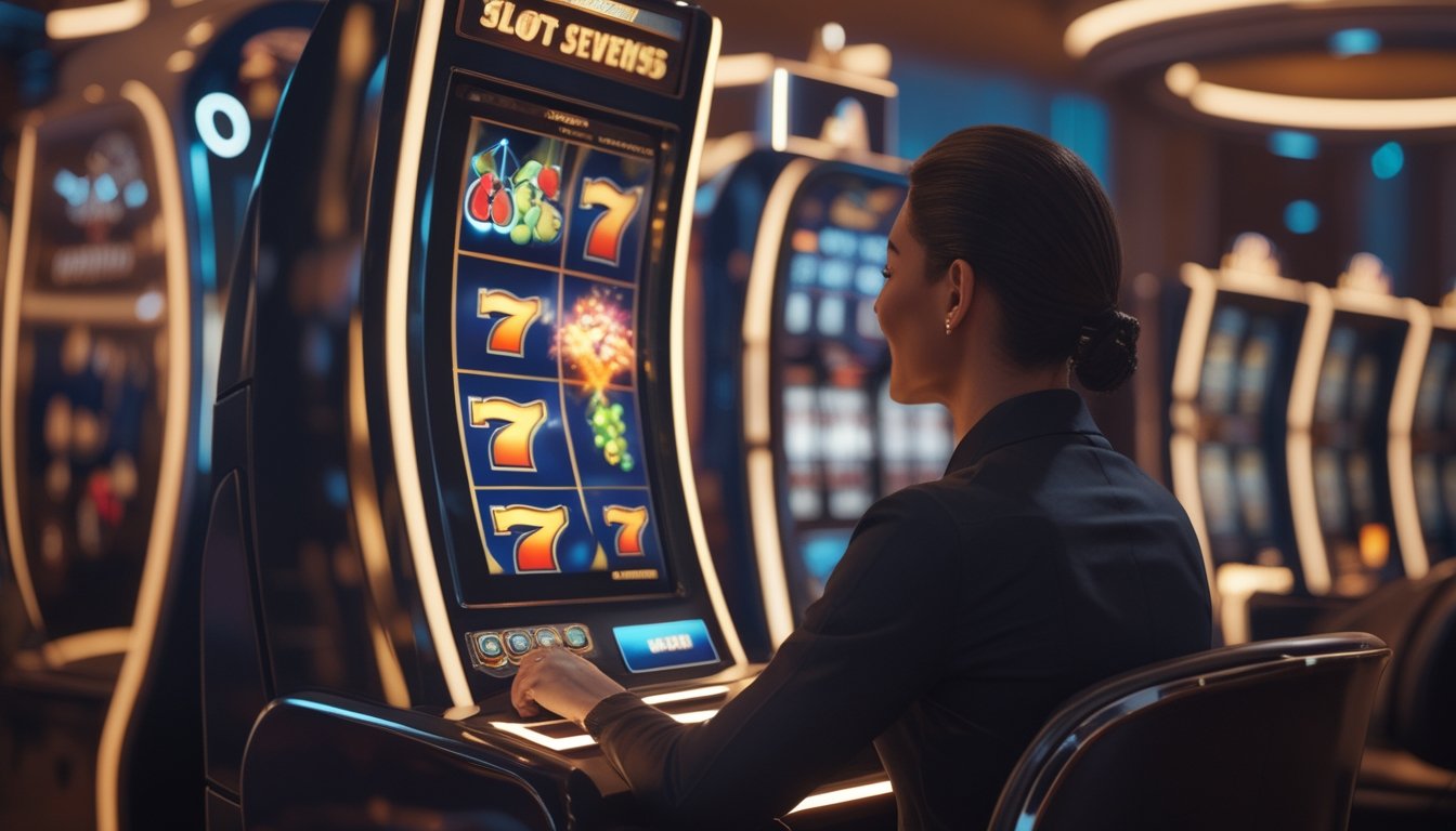Seorang pemain menikmati permainan mesin slot bercahaya di kasino modern.