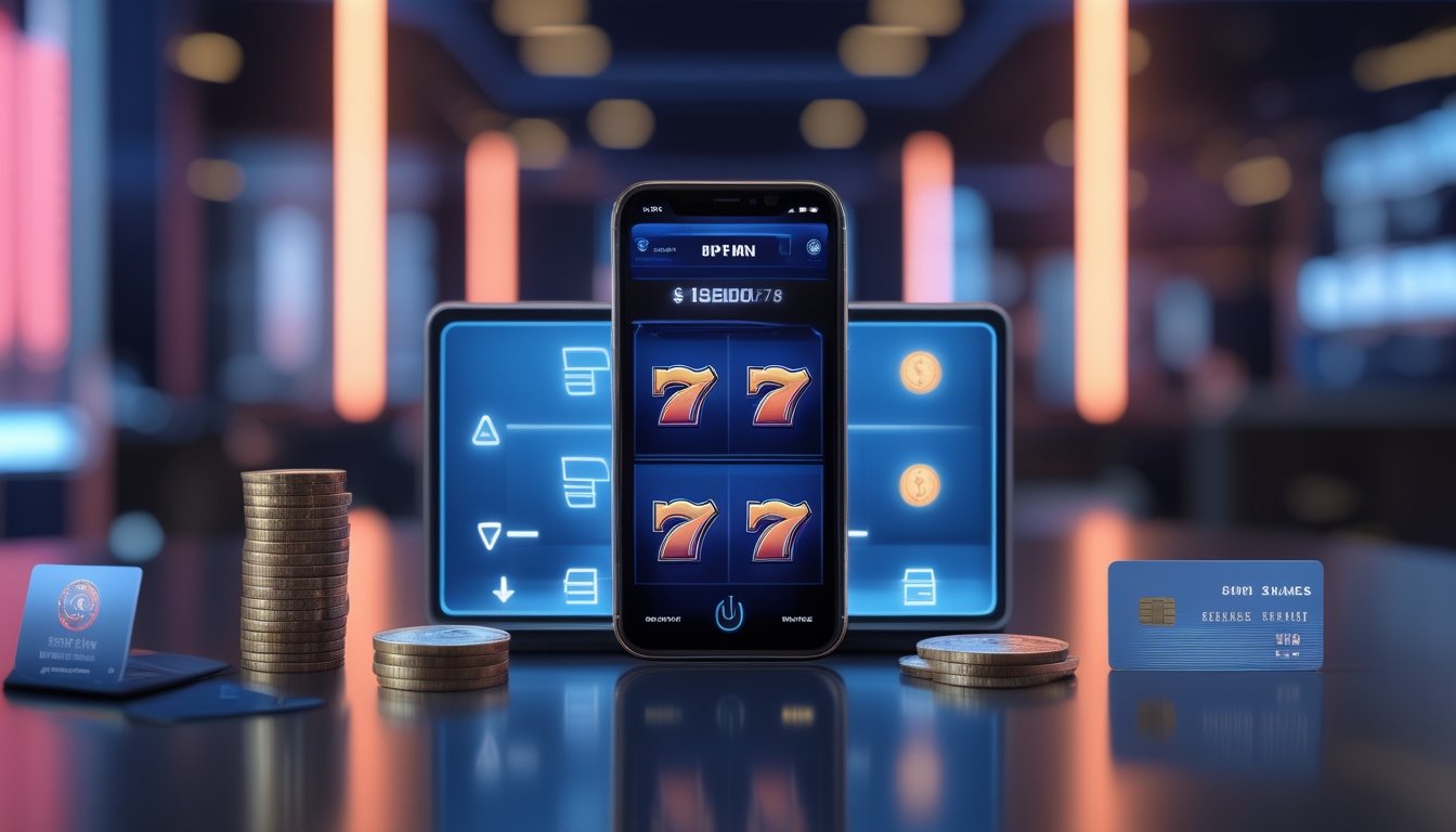 Ponsel menampilkan permainan slot dengan simbol tujuh, dikelilingi kartu pembayaran, dompet digital, koin, dan elemen transaksi.