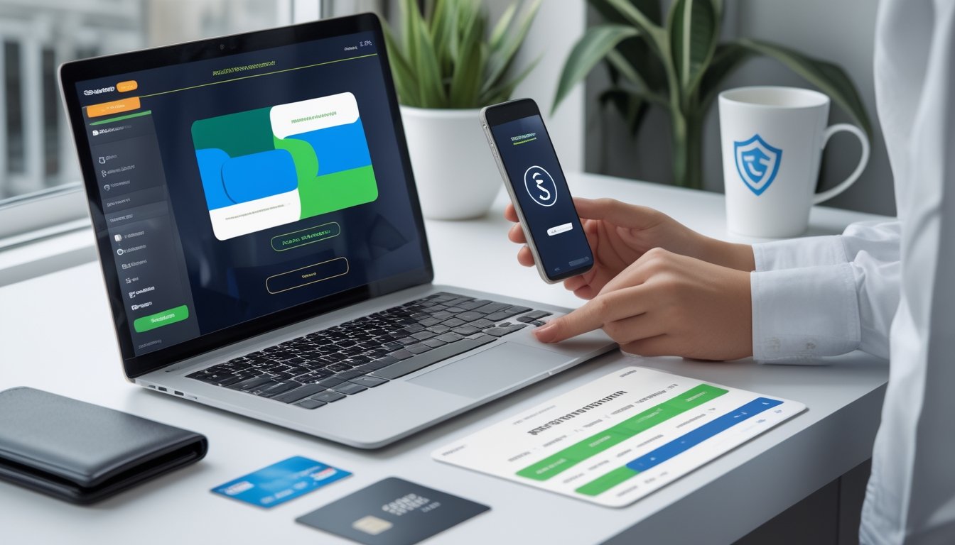 Seseorang memeriksa laptop dan ponsel untuk proses verifikasi akun serta pembayaran digital.
