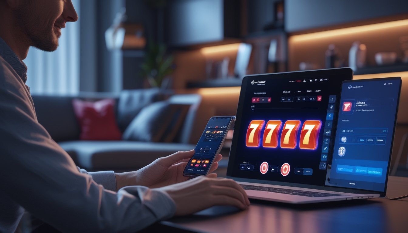 Seorang pemain menggunakan ponsel dan laptop untuk mengakses permainan slot dengan lancar di rumah modern.
