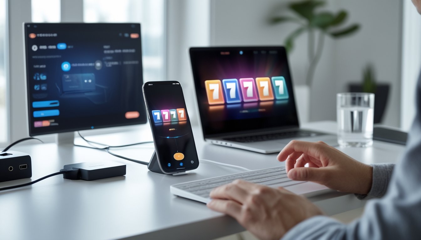 Seseorang menyiapkan ponsel, laptop, dan router Wi-Fi di ruang kerja agar koneksi internet stabil.