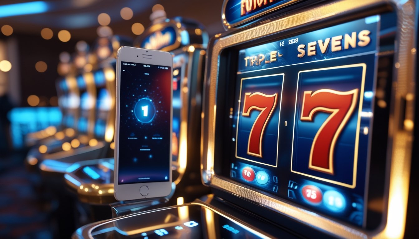 Mesin slot modern menampilkan tiga angka tujuh merah dengan suasana kasino elegan.