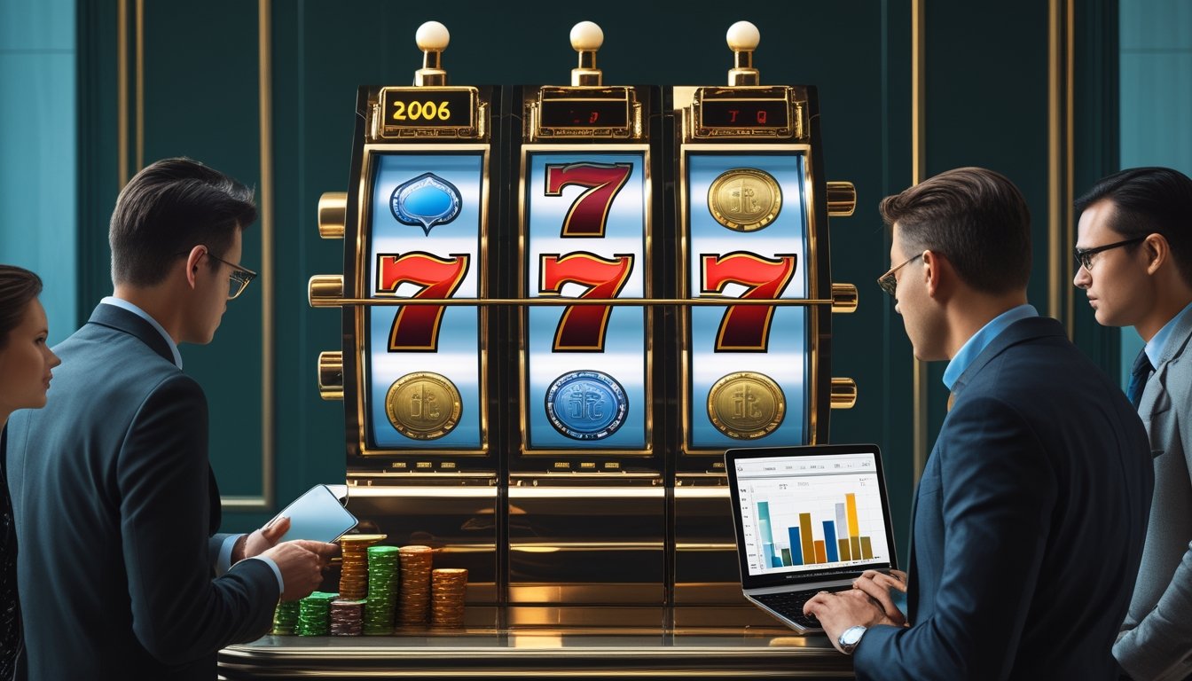 Analis mengamati mesin slot bertema angka tujuh sambil membandingkan data di perangkat digital.