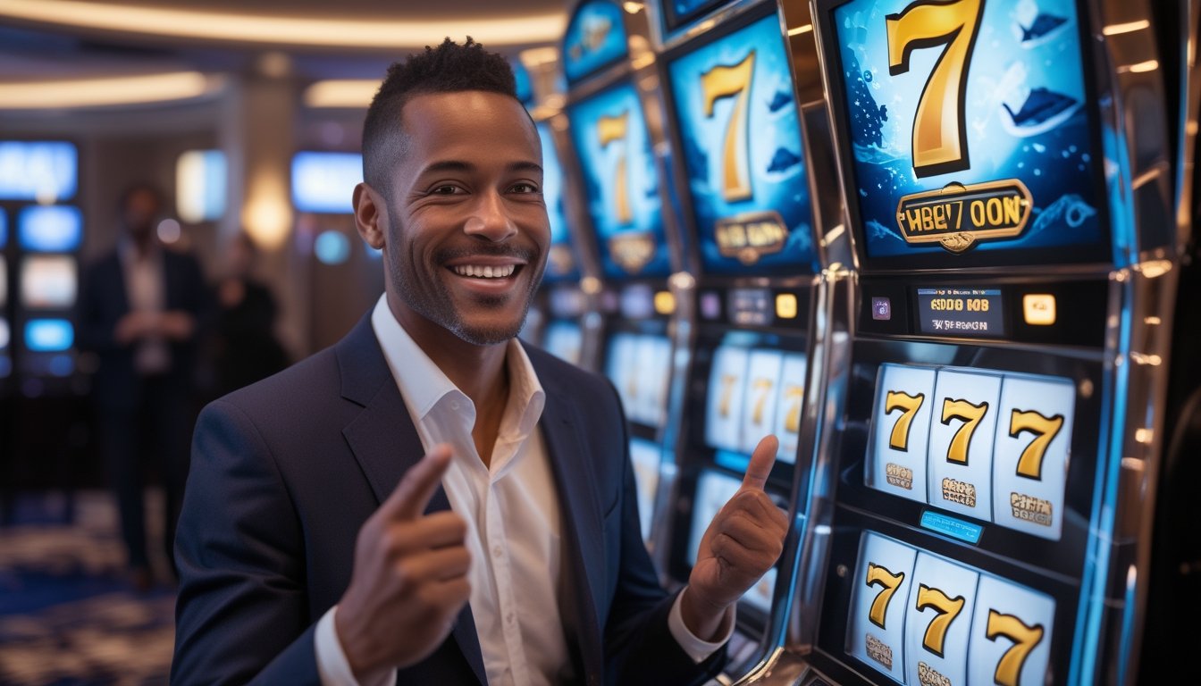 Seorang pemenang tersenyum merayakan jackpot di samping mesin slot bertema laut.