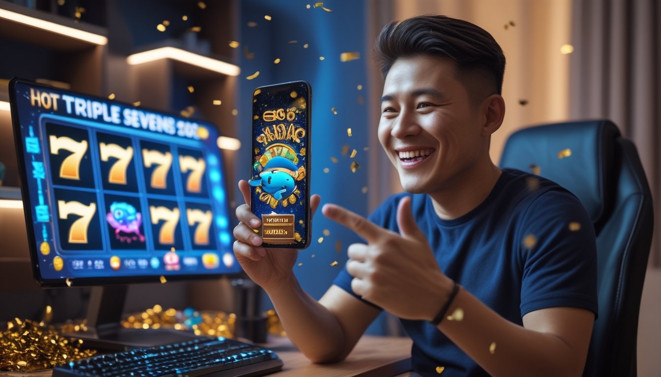 Seorang pemain tersenyum memegang ponsel dengan tampilan permainan slot dan simbol paus, dikelilingi konfeti.