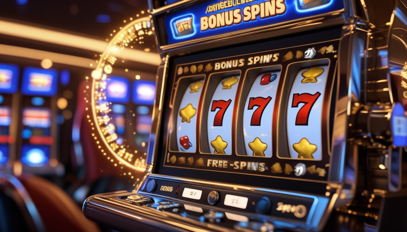 Mesin slot dengan gulungan simbol tujuh merah, koin emas, dan efek cahaya yang menggambarkan putaran bonus.