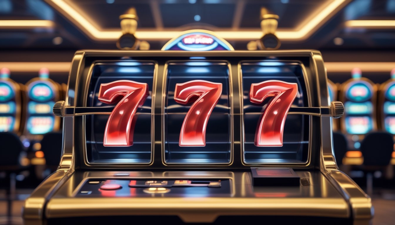 Mesin slot modern berwarna hitam dan emas dengan tiga simbol angka tujuh merah di area kasino yang terang.