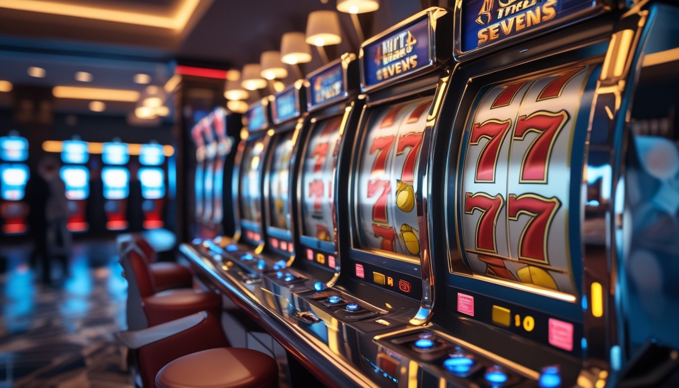 Mesin slot dengan simbol angka tujuh merah, koin emas, dan suasana ruang permainan modern.