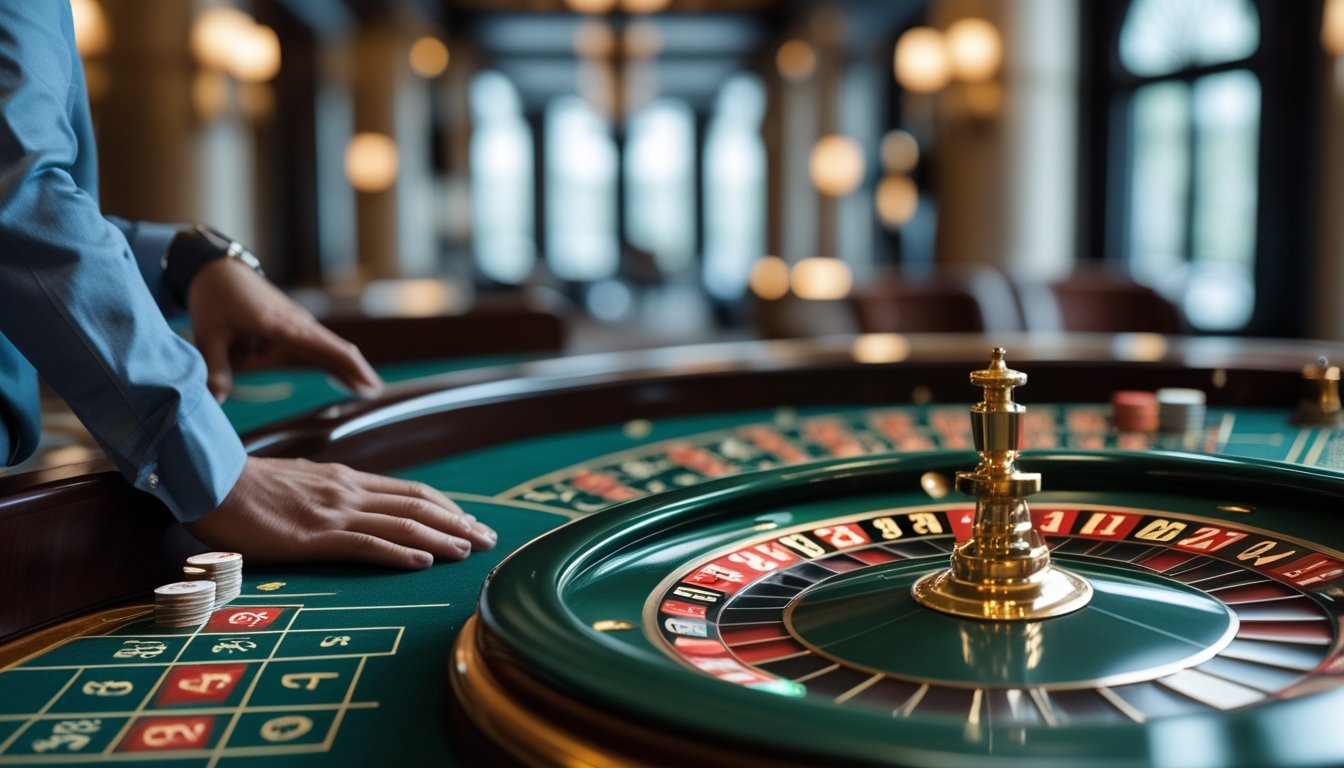 Roda roulette Amerika dengan kantong 0 dan 00 di atas meja kasino hijau, dikelilingi keping taruhan.