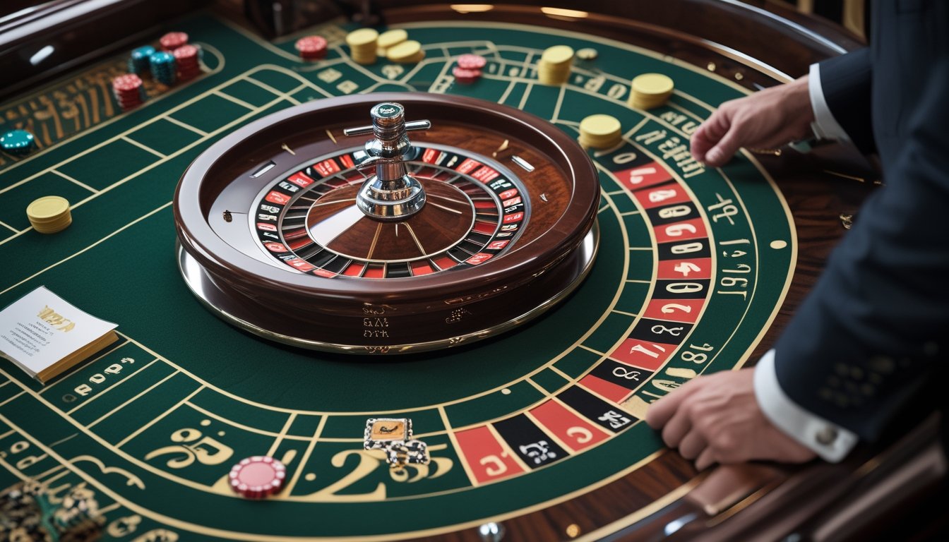 Meja roulette Amerika dengan roda roulette, area taruhan, dan dua bagian nol berwarna hijau.