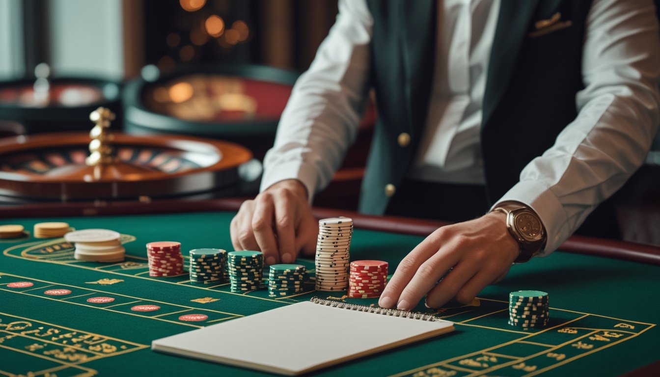 Tangan pemain menata beberapa kelompok chip di meja roulette bersama buku anggaran dan kalkulator.