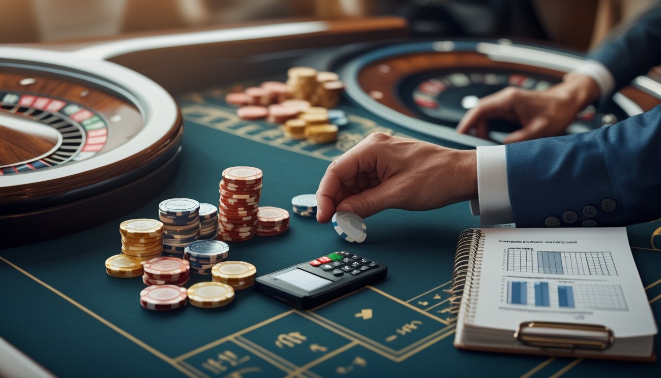 Tangan pemain menata keping taruhan dan alat perencanaan anggaran di samping meja roulette American.